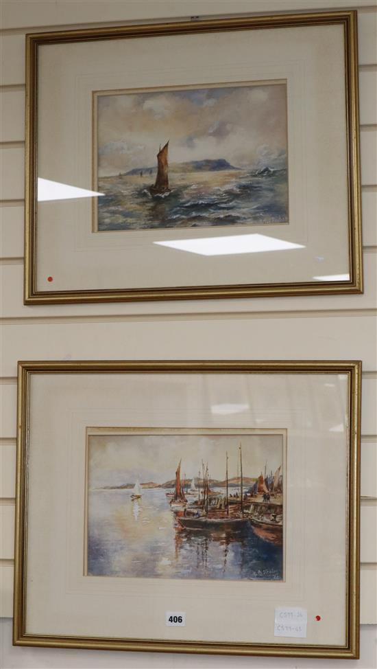 M.B. Strachan, pair of watercolours, Fishing boats in harbour and Off the coast, signed and dated 35,